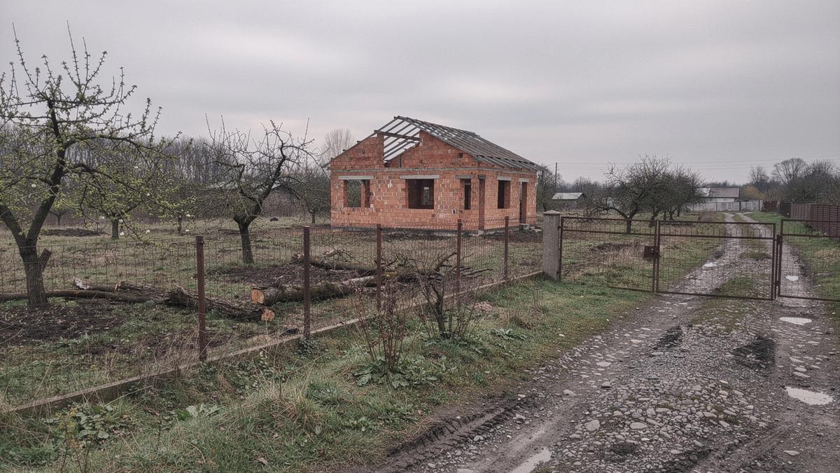 Fenced country plot with a shell-stage house and outbuildings seen from the access road